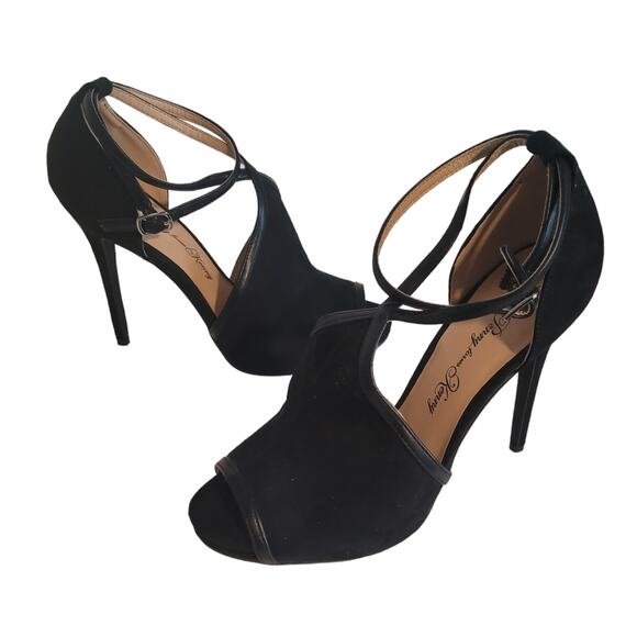 Penny Loves Kenny Women's Velvet Black Cross Strap Peep Toe Stiletto Heels Sz 6 - Picture 4 of 6